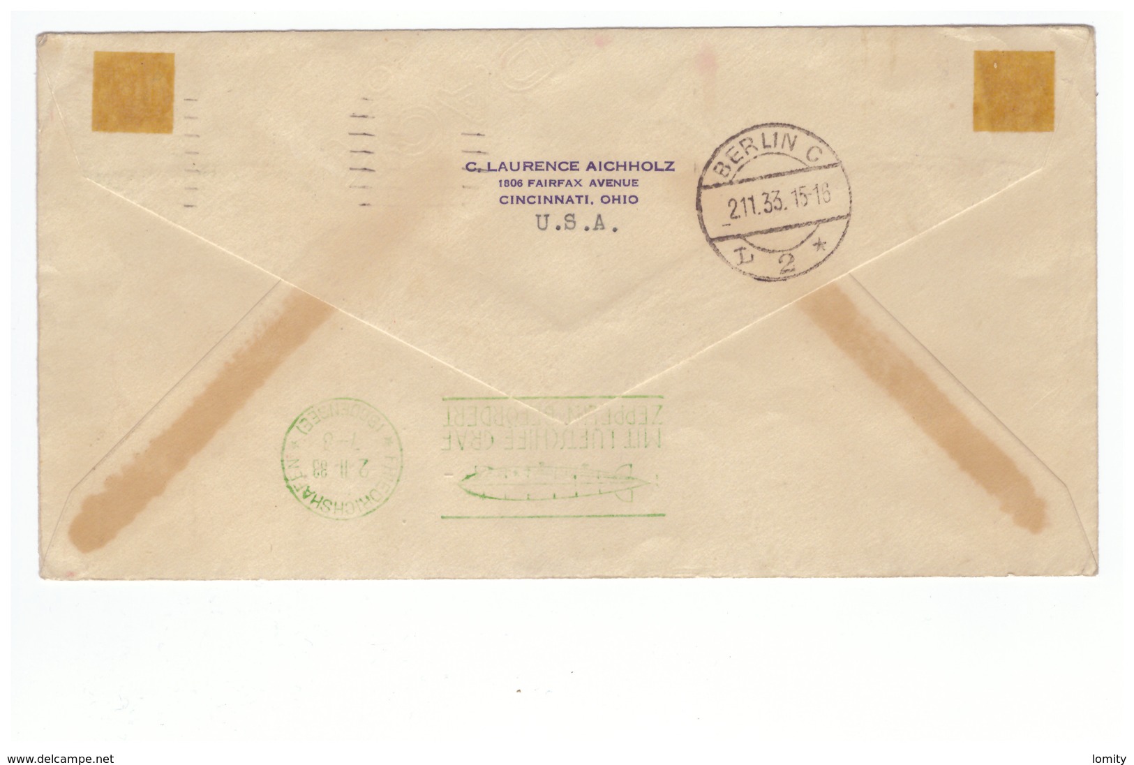 USA Graf Zeppelin Flight Cover 1933 Akron Lettre Cachet Rouge Mit Luftpost Berlin - Lettres & Documents