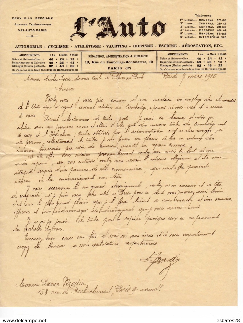 LETTRE 1925 AUTOGRAPHE L'AUTO MAGASINE Des SPORT- Envoyée à Phnom- Penh Cambodge - JAN 2020 GERA ALB - Autres & Non Classés