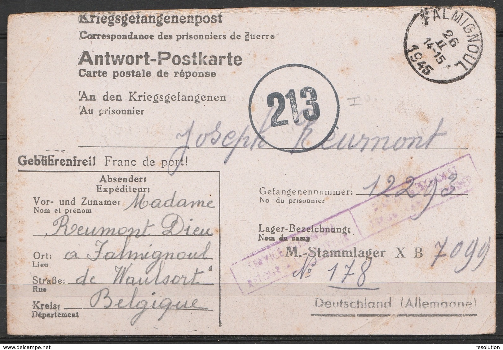 Antwort-Postkarte Càd FALMIGNOUL /26 II 1945 Pour Prisonnier Belge Au Stammlager X B (Allemagne) Cachet Censure Belge + - Guerre 40-45 (Lettres & Documents)