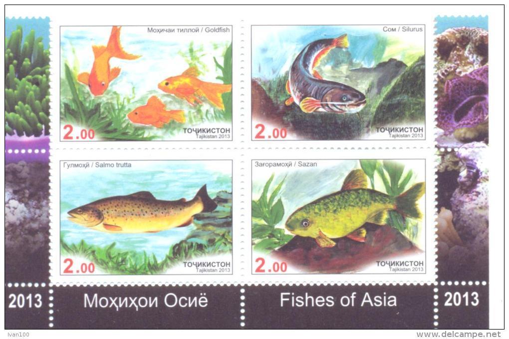 2013. Tajikistan, Fishes Of Asia, Set Of 4v Perforated In Block, Mint/** - Tayikistán