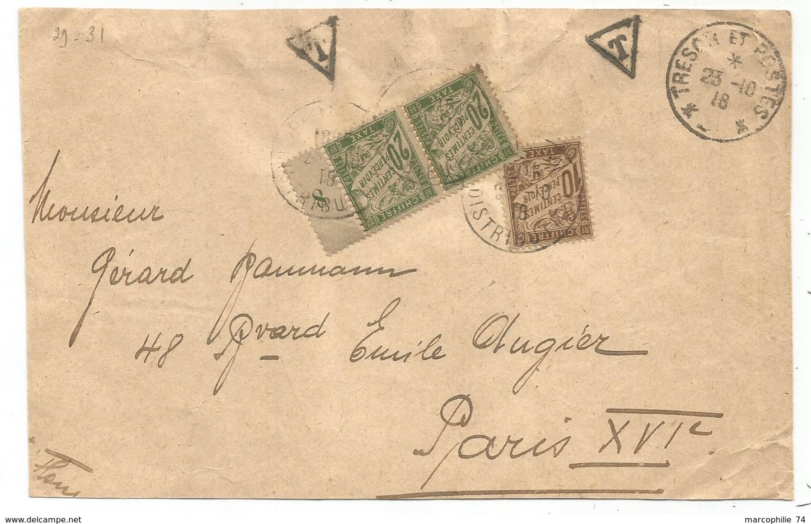 TAXE 20C PAIRE BDF+10C PARIS 1918 DEVANT LETTRE TRESOR ET POSTES - 1859-1959 Storia Postale