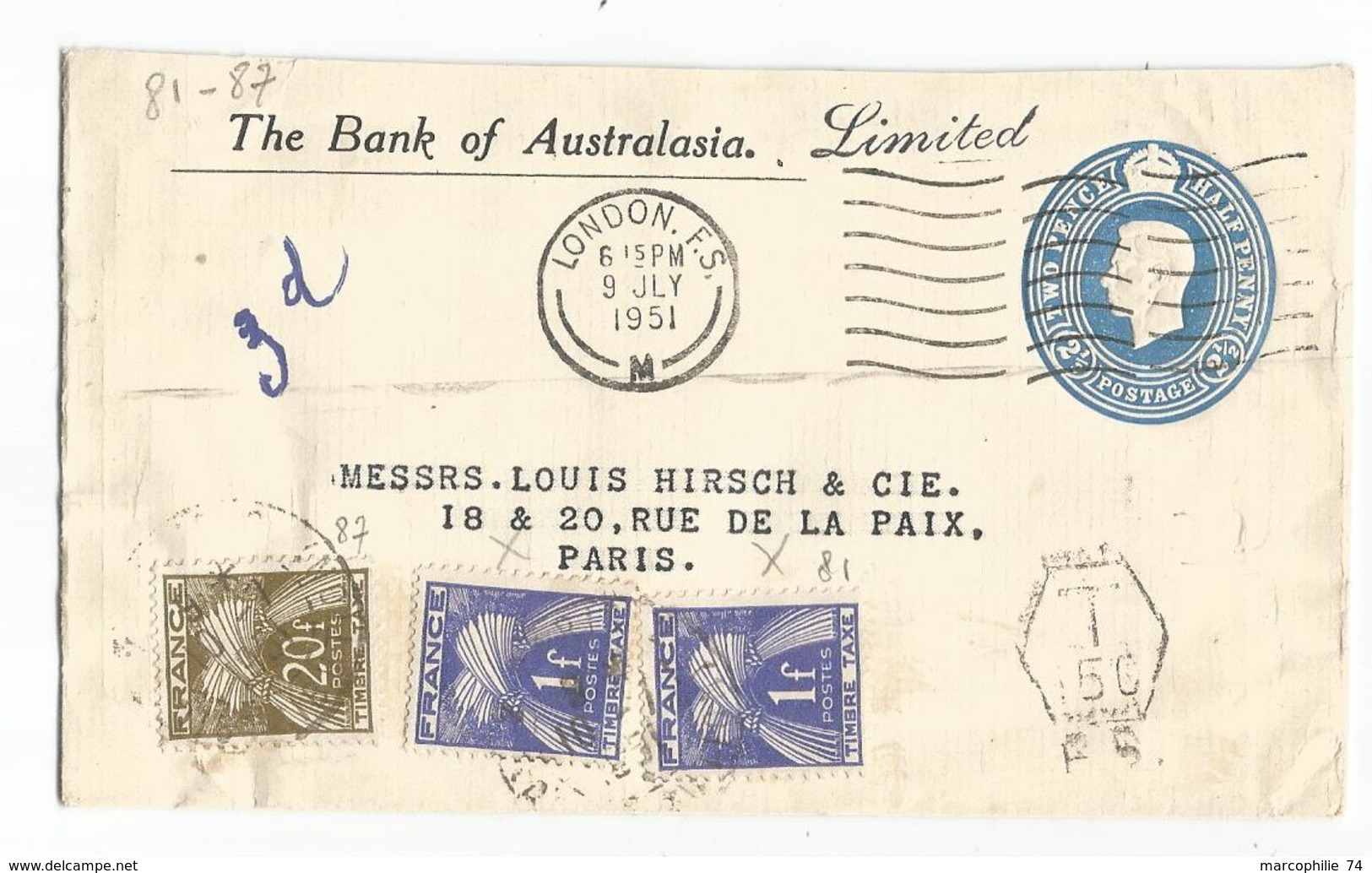 TAXE GERBES 20FR+1FRX2 PARIS 1951 SUR ENTIER ENVELOPPE COVER ENGLAND LONDON FS REPIQUAGE THE BANK OF AUSTRALASIA - 1859-1959 Storia Postale