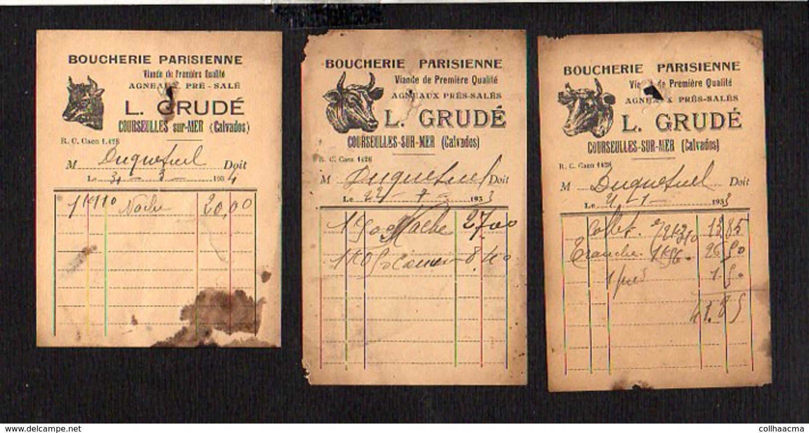 Courseulles Sur Mer 14 / 3 Petites Factures Différentes Boucherie Parisienne " L. Grudé " 1931 1934 1934 - 1900 – 1949