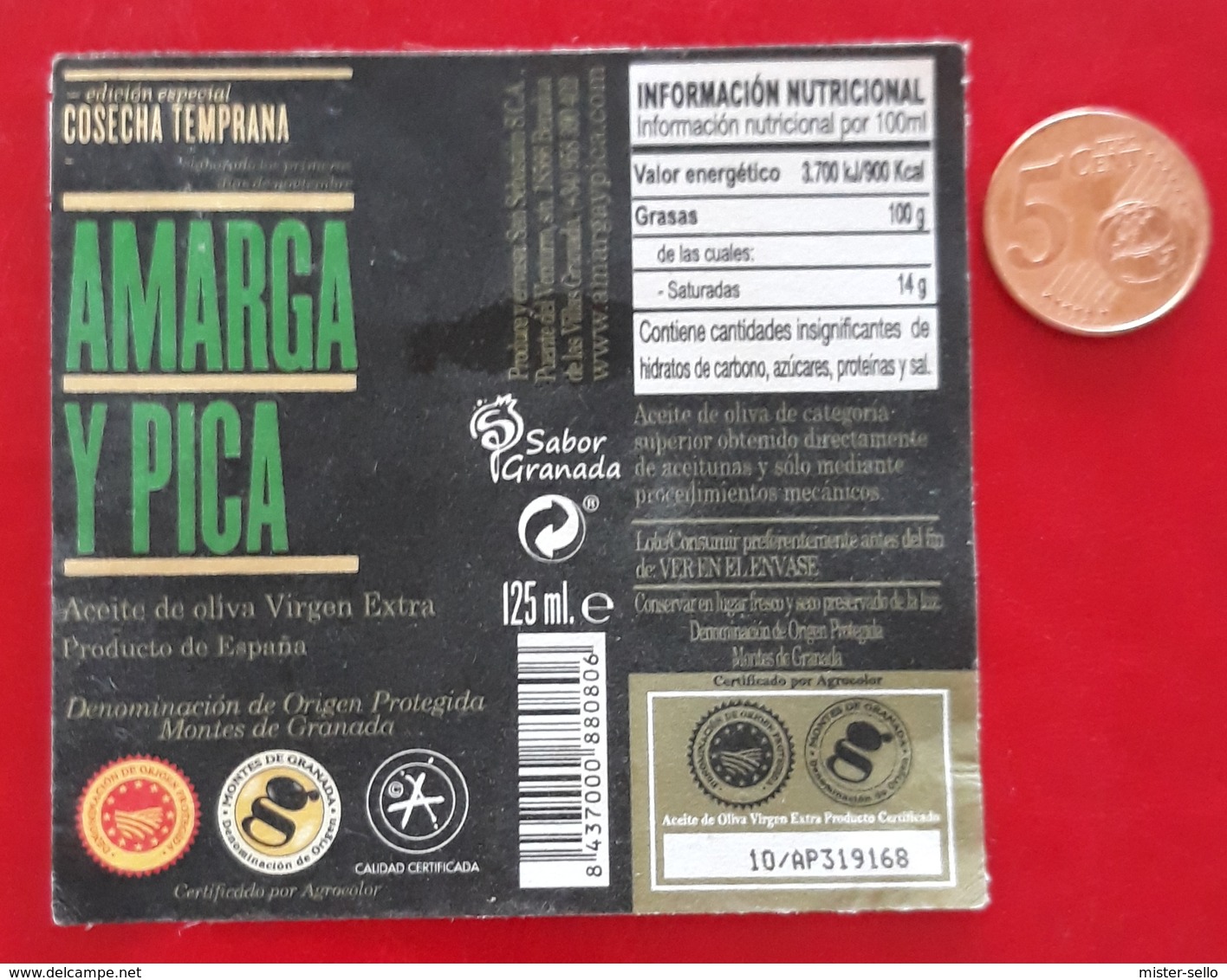 ETIQUETA ACEITE DE OLIVA AMARGA Y PICA 125 ML. USADO - USED. - Other & Unclassified