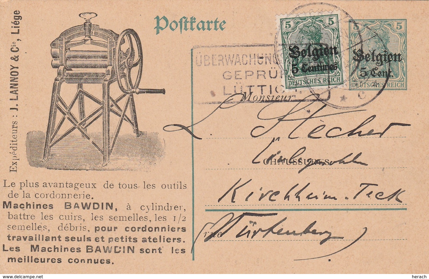 Occupation Allemande En Belgique Entier  Postal Illustré Censuré Lüttich Thème Cuir 1916 - Occupation 1914-18