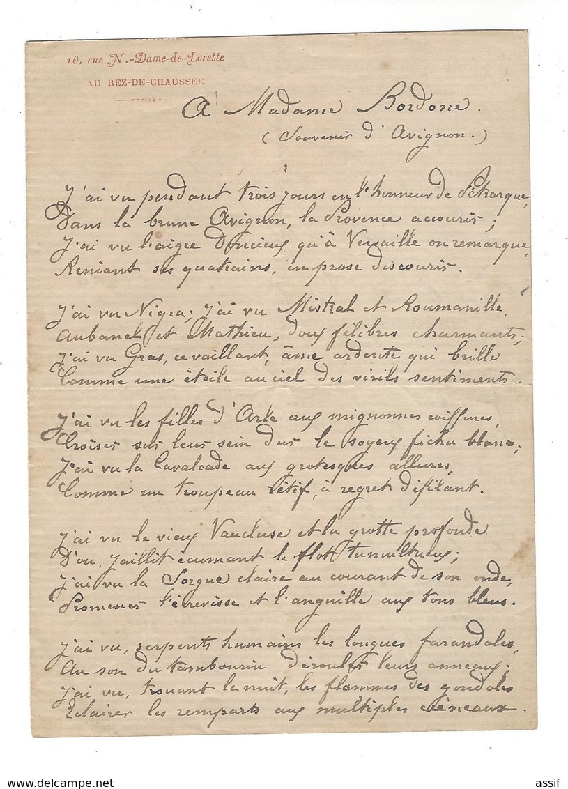 ETIENNE CARJAT  1828 Fareins - 1906   Poème  à Madame Bordone ( Souvenir D'Avignon ) 15 Strophes 60 Vers - Otros & Sin Clasificación