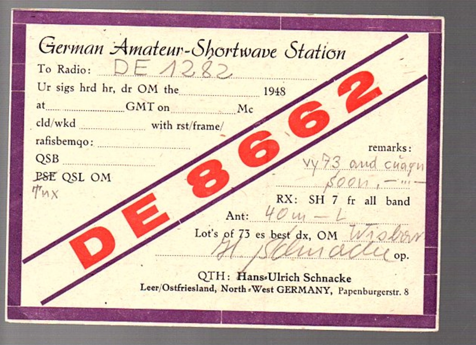 1948 Retro Radio Deutschland Hans-Ulrich Schnacke Papenburgerstrasse Leer Ostfriesland (QSL2-3) - Radio Amatoriale