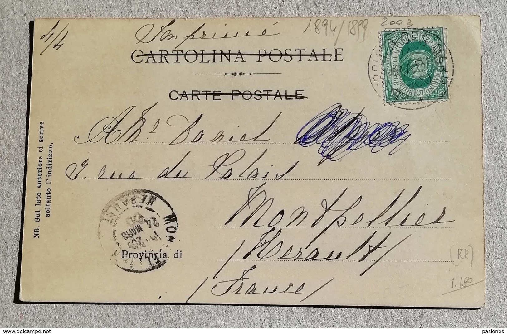 Cartolina Postale Illustrata Per La Francia Decorazioni, Monete, Ecc. - Anno 1900 - Storia Postale