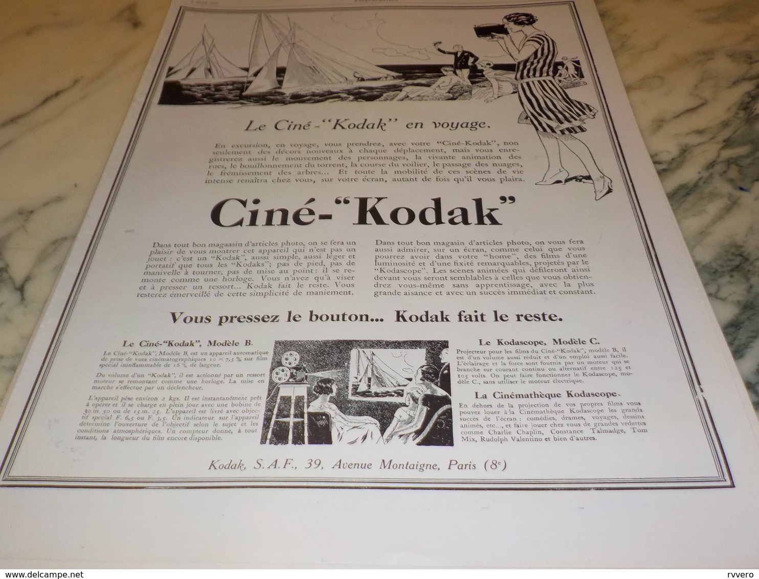 ANCIENNE   PUBLICITE CINE KODAK 1927 - Autres & Non Classés