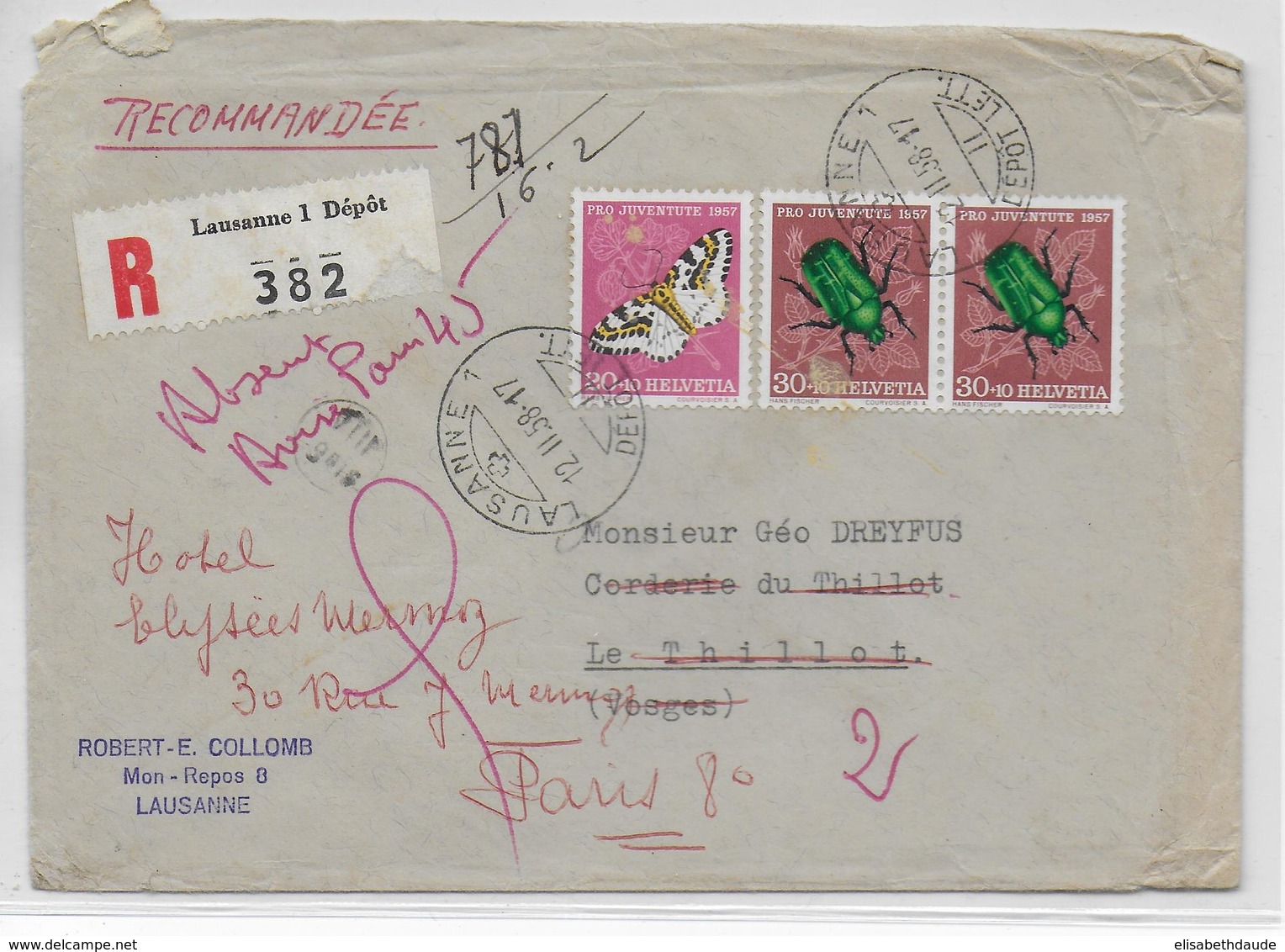 1958 - SUISSE - PRO-JUVENTUTE Sur LETTRE RECOMMANDEE De LAUSANNE => LE THILLOT (VOSGES) READRESSEE => PARIS - Covers & Documents