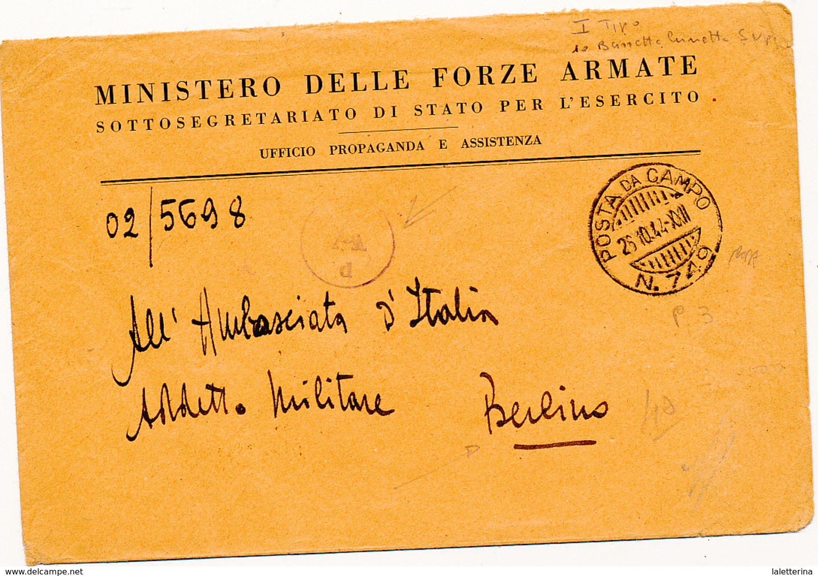 1944 POSTA MILITARE RSI POSTA DA CAMPO 749 DIRETTA A BERLINO UFFICIO PROPAGANDA ED ASSISTENZA - Posta Militare (PM)