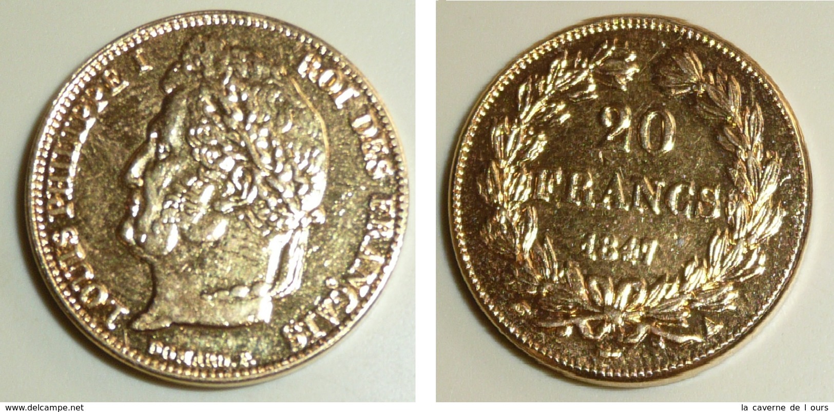 Copie Pièce De Monnaie En Métal Doré, 20 Francs 1847, Louis Philippe I 1er Roi Des Français, France, Domard - Origine Inconnue