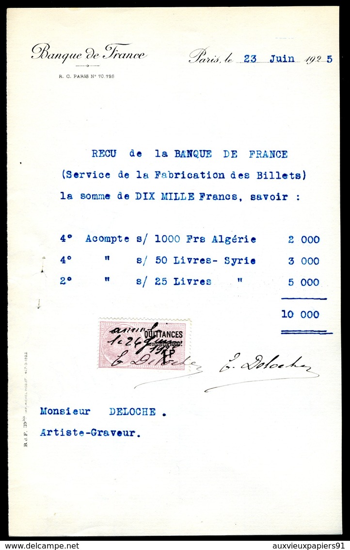 Numismatique - Autographe D'Ernest Pierre DELOCHE (1861-1950) - Graveur De 3 Billets - ALGERIE - SYRIE - SYRIE - Altri & Non Classificati