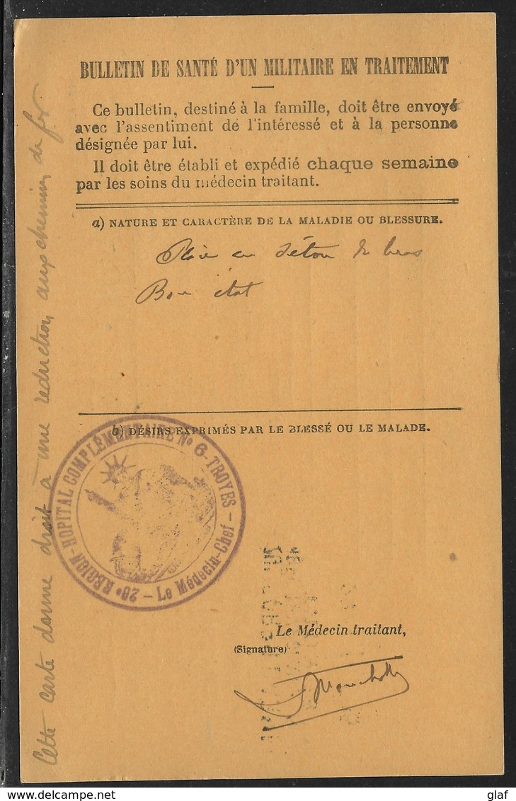 14/18 : Bulletin De Santé D’un Militaire En Traitement Obl. Trésor Et Postes 29 En 1915 Hôpital Temporaire N°6 / Troyes - Lettres & Documents