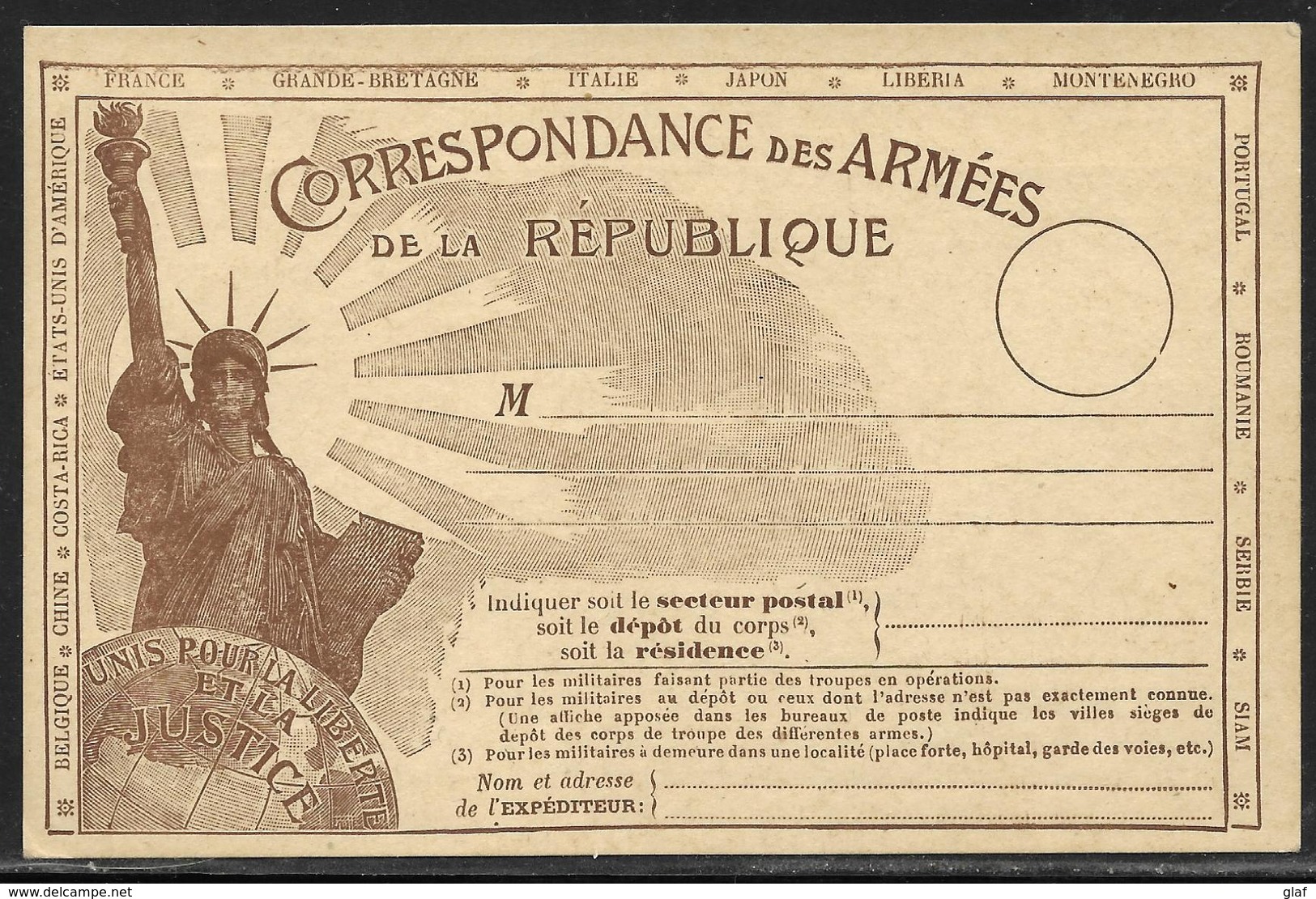 14/18 : Carte De Franchise Militaire Statue De La Liberté Sans Mention Russie Neuve ("Costa-Rica" Remplace "Russie") - Lettres & Documents