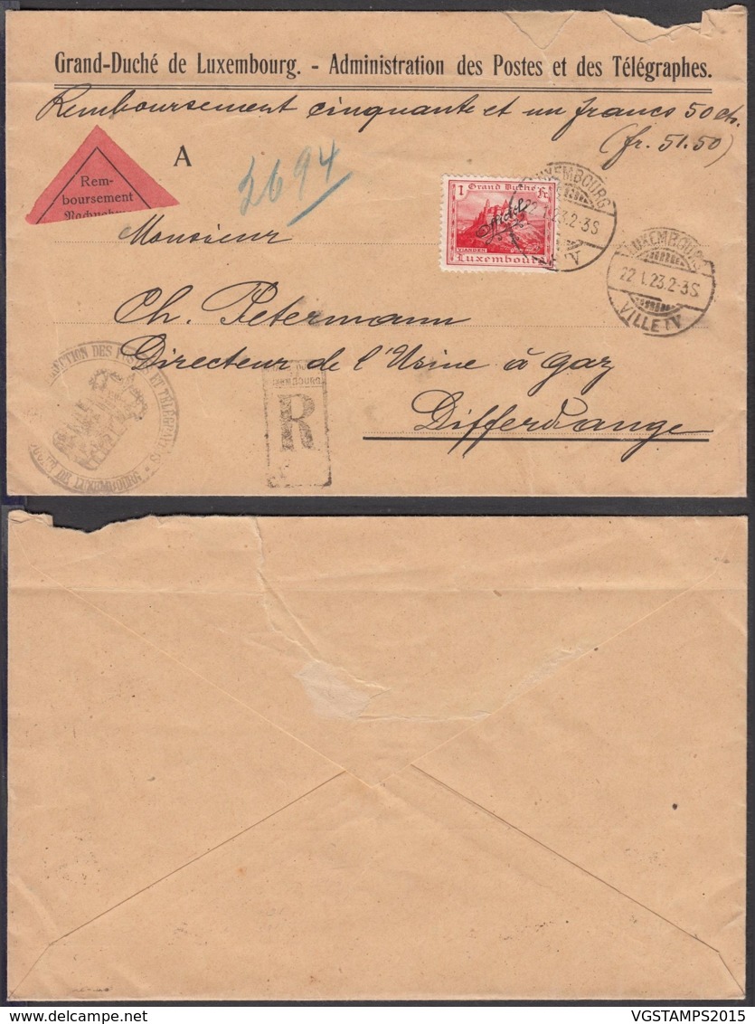 Luxembourg - Prifix 141 Sur Lettre En Recom. Contre Remb. De Luxembourg-Ville 22/01/1923 Vers Differlange (RD122) DC5625 - Altri & Non Classificati