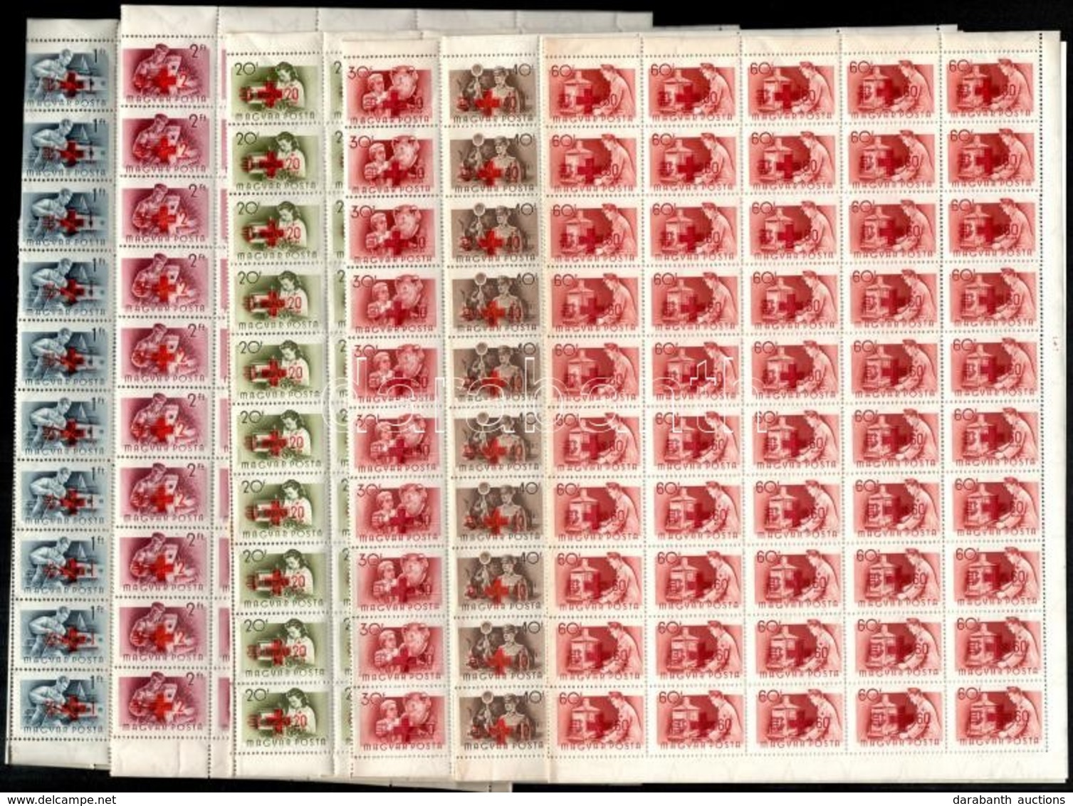 ** 1957 Vöröskereszt 100 Sor Hajtott Teljes ívekben (90.000) / Mi 1482-1487 Folded Complete Sheets Of 100 (gyártási Ránc - Sonstige & Ohne Zuordnung