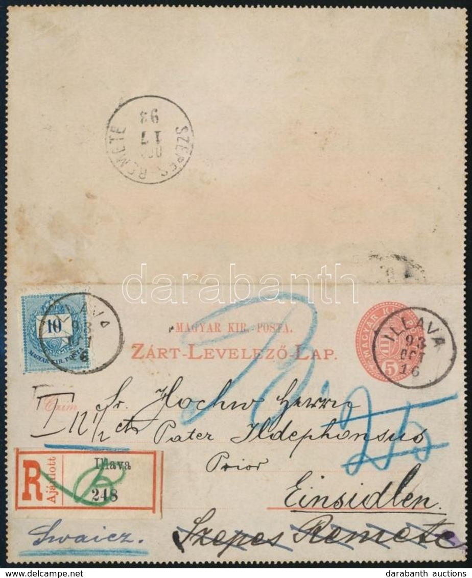 1893 5kr Díjjegyes Zárt Levelezőlap Színesszámú 10kr Kiegészítéssel. A Küldeményt Illaváról Eredetileg  A Svájci Einsied - Other & Unclassified