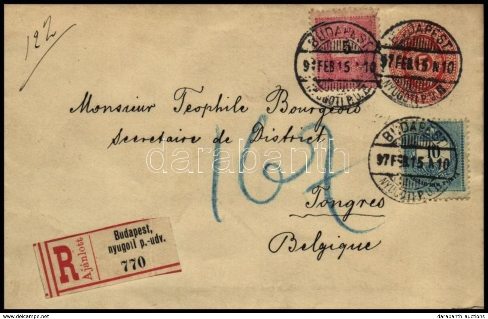 1897 5kr Díjjegyes Boríték Színes Számú 10kr + Fekete Számú 5kr Kiegészítéssel 'BUDAPEST NYUGOTI P.U. II' - 'TONGRES' - Autres & Non Classés