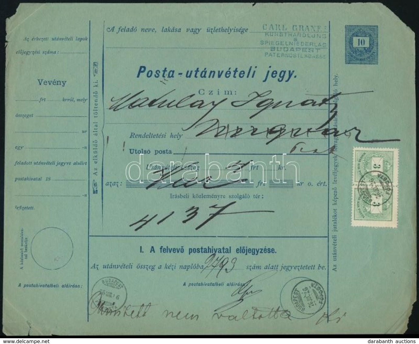 1876 Posta-utánvételi Jegy 10kr Díjjeggyel, 3kr Pár Kiegészítéssel (óriási Méretre Fogazott, Különböző Méretű Bélyegek)  - Autres & Non Classés