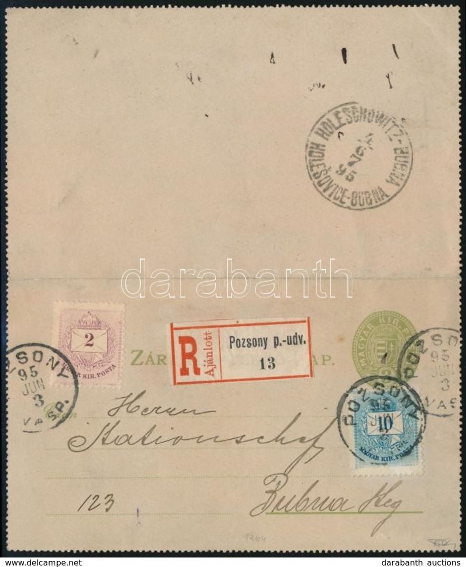 1895 3kr Díjjegyes Zárt Levelezőlap Színes Számú 2kr + 10kr Kiegészítéssel Csehországba 'POZSONY' - 'HOLESOWITZ - BUBNA' - Sonstige & Ohne Zuordnung