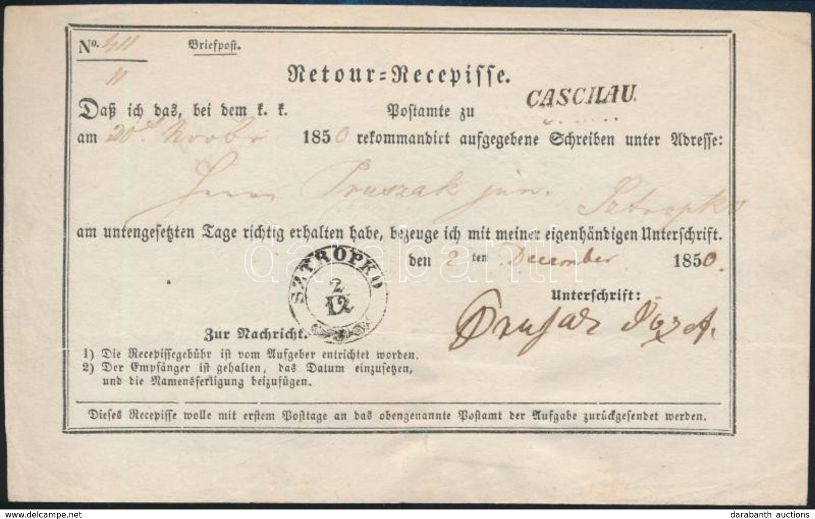 1850 Retour Recepisse 6kr Bérmentesítéssel 'CASCHAU'  - 'SZTROPKO' - Sonstige & Ohne Zuordnung