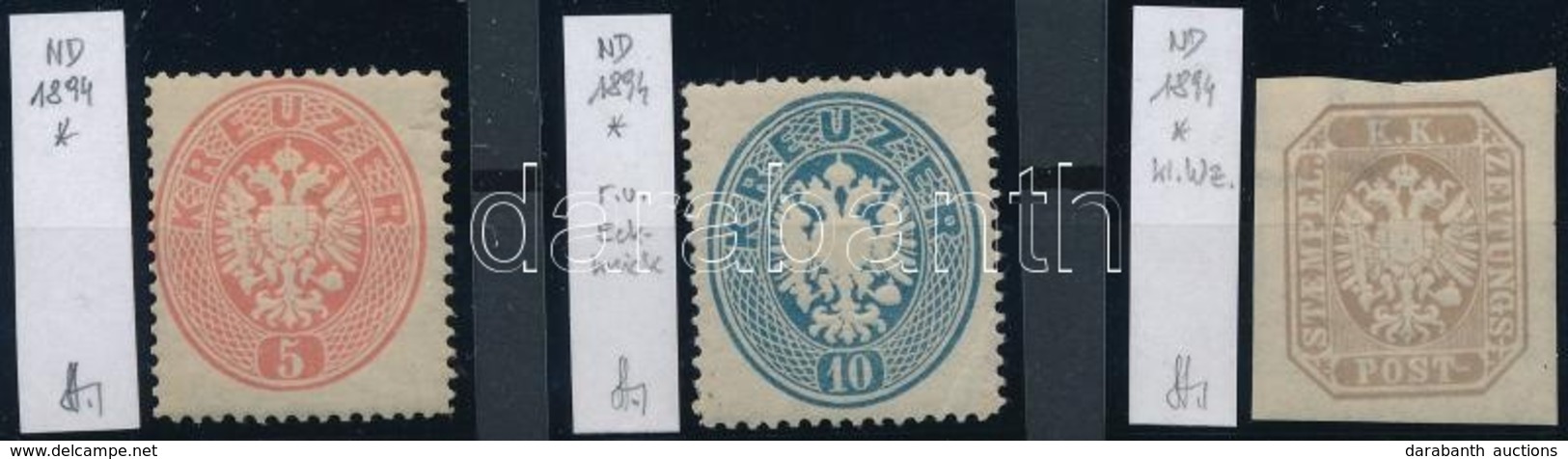 * 1863 5kr + 10kr + Hírlapbélyeg újnyomatok, Az Utóbbi Vízjeles. Azonosítás: Strakosch - Autres & Non Classés