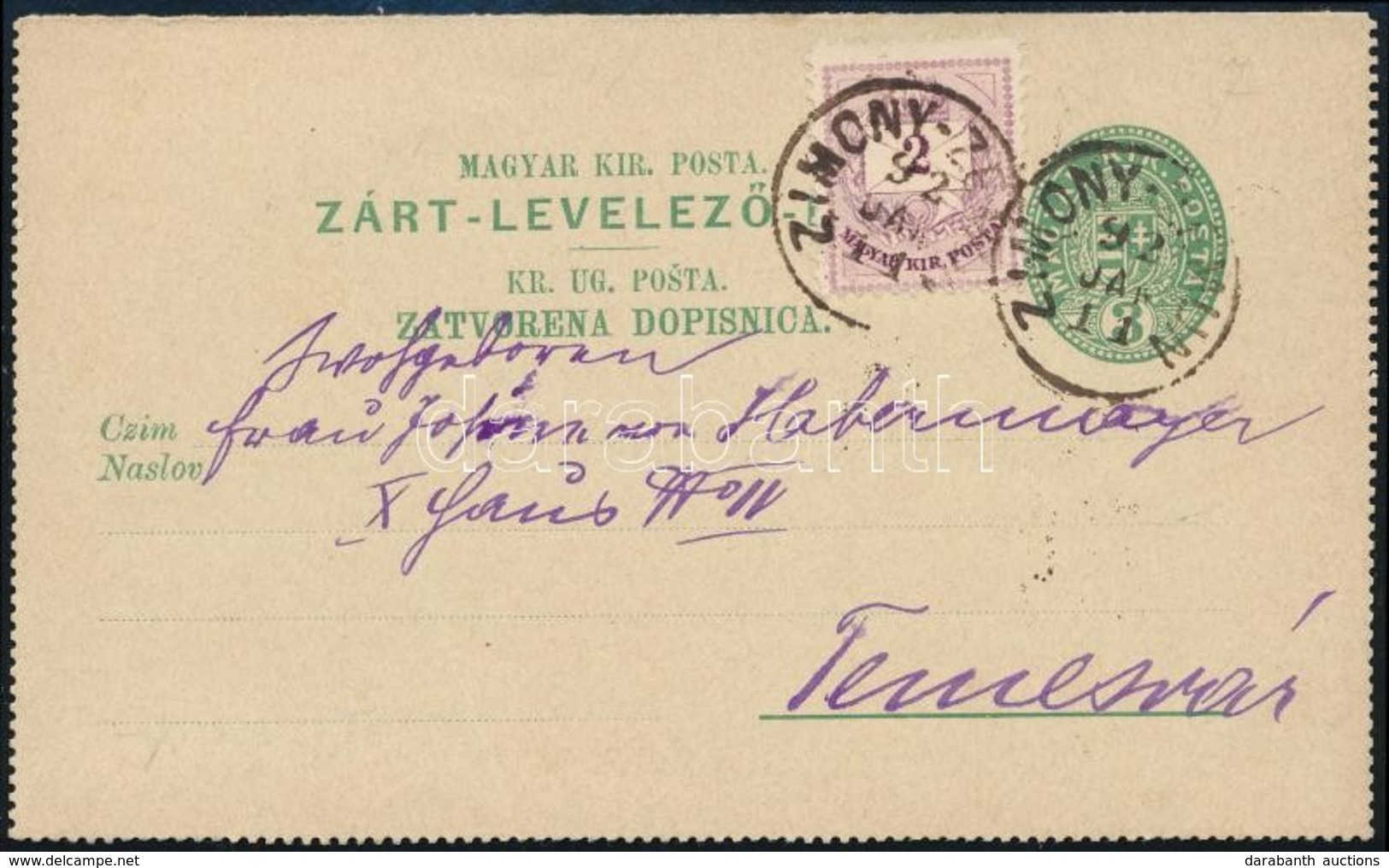 1892 Kétnyelvű 3kr Díjjegyes Zárt Levelező Lap Színes Számú 2kr Díjkiegészítéssel 'ZIMONY - ZEMUN' - Temesvár - Autres & Non Classés