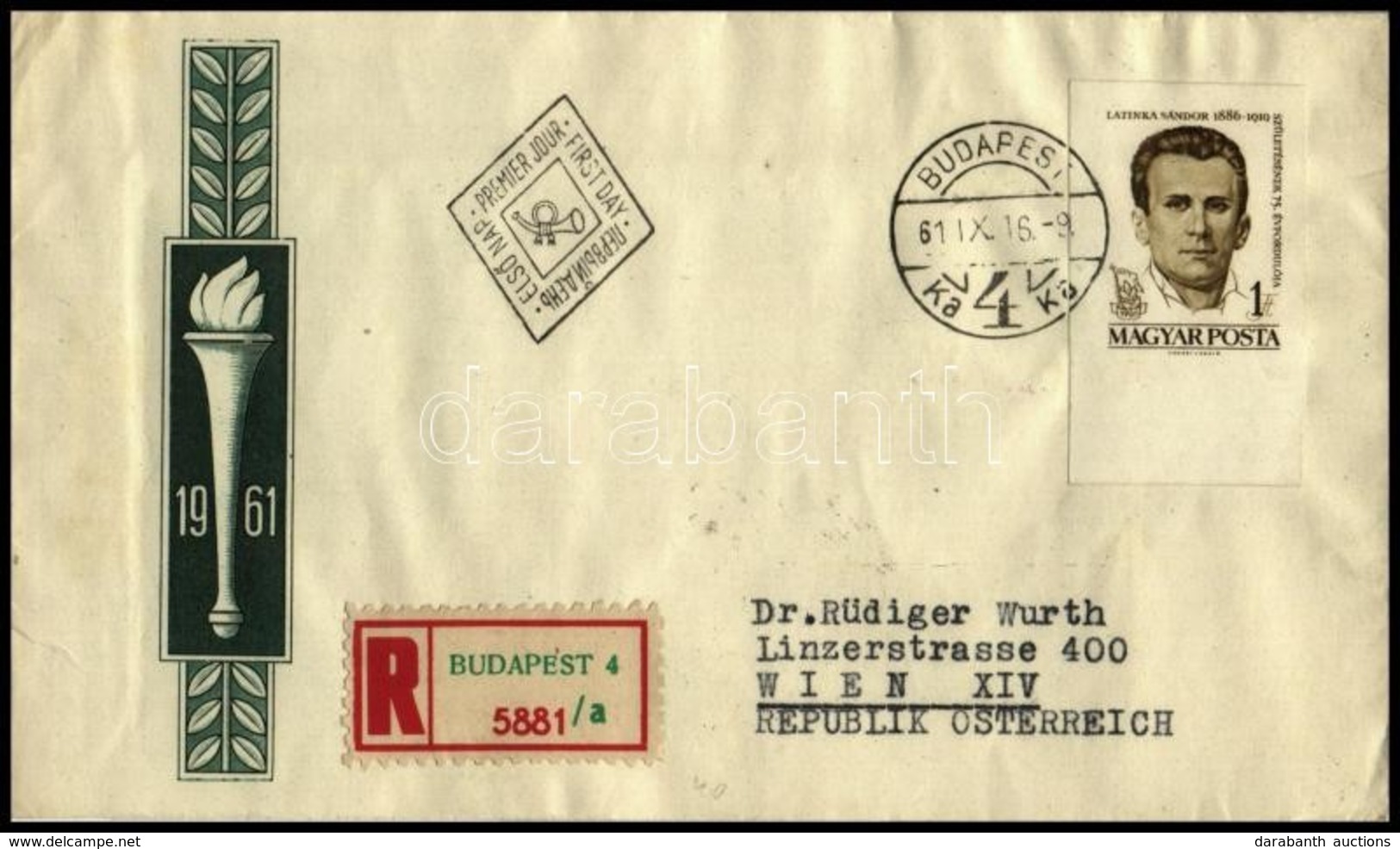 1961 Arcképek (III.) - Latinka Sándor 1Ft ívszéli Vágott Bélyeg Ajánlott FDC-n - Autres & Non Classés