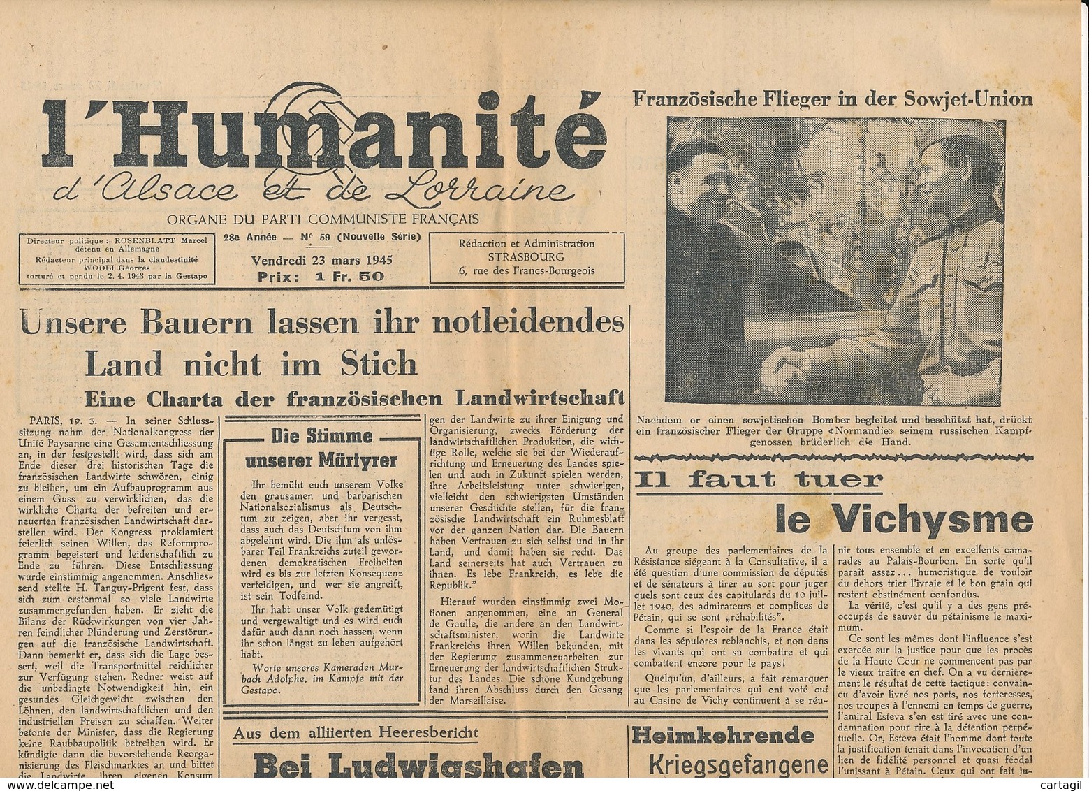 Humanité Alsace Lorraine 1945- B3719- ( Edition,  Date , Contenu ,  état ... Scan)-Envoi Gratuit - Documenti