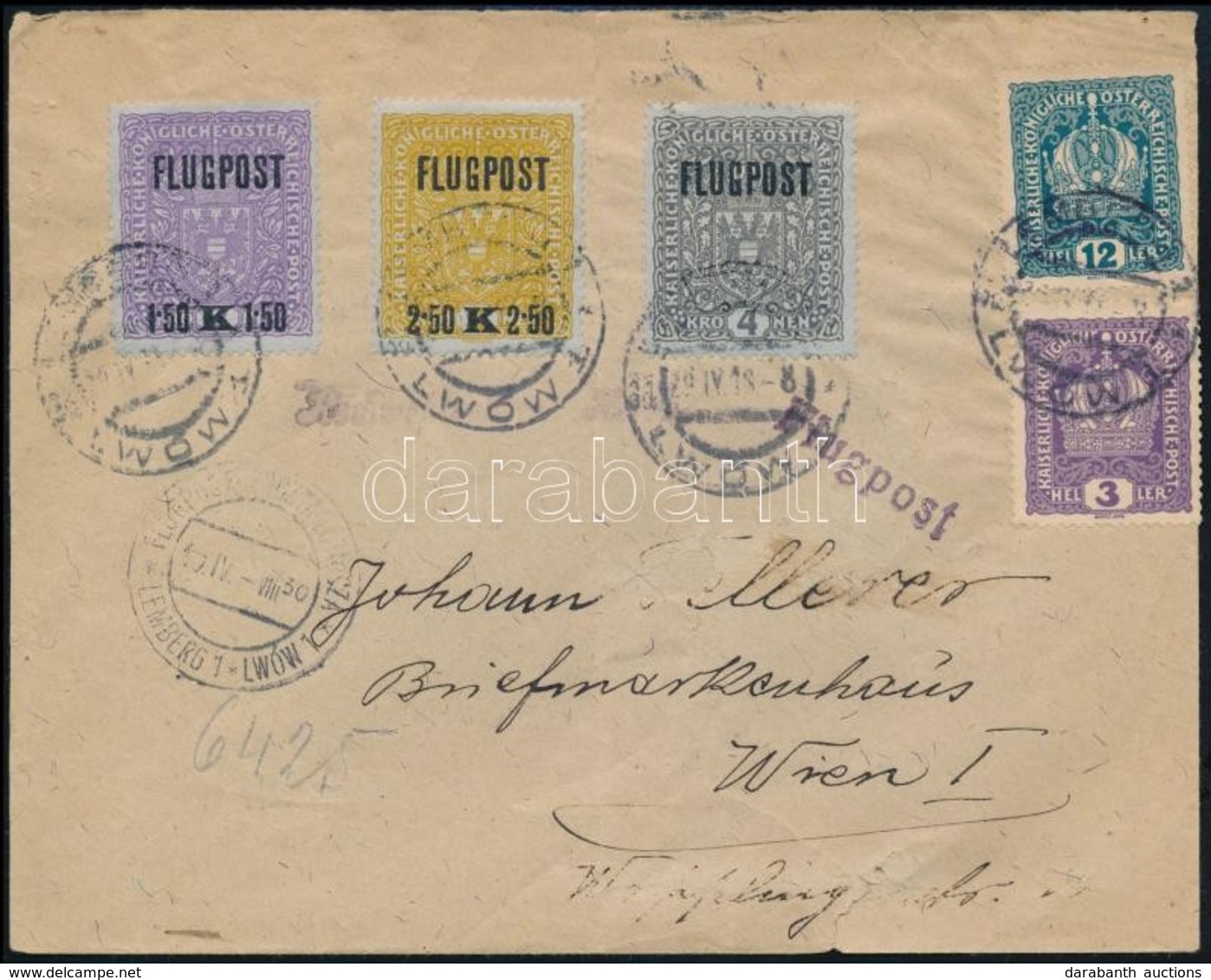 1918.04.24. Légi Levél Lembergből Bécsbe /   Mi 225-227 On Airmail Cover From Lemberg To Vienna - Sonstige & Ohne Zuordnung