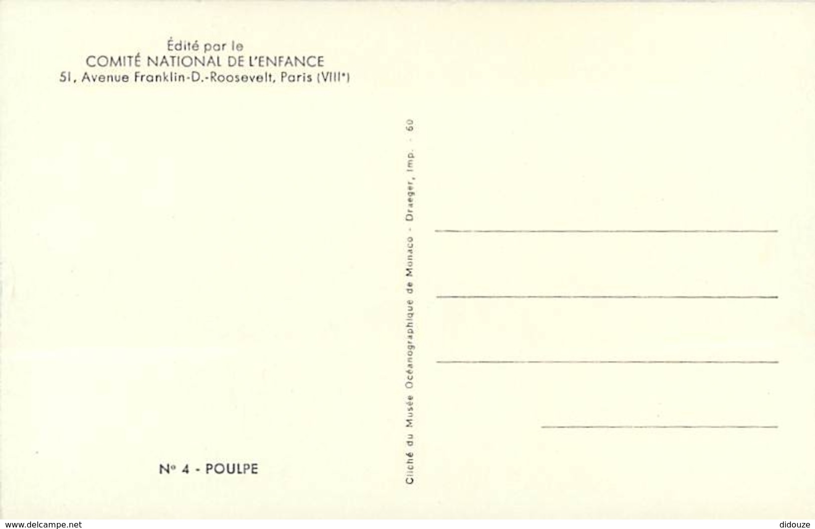 Animaux - Poissons - Carte Du Comité National De L'Enfance - Poulpe - Carte Neuve - Voir Scans Recto-Verso - Pescados Y Crustáceos