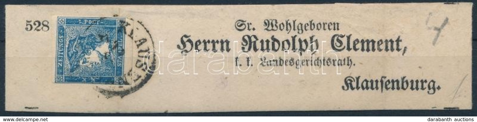 1851 Sötétkék Hírlapbélyeg IIIb Tipus Teljes Címszalagon 'KLAUSEN(BURG)' Certificate Steiner - Sonstige & Ohne Zuordnung