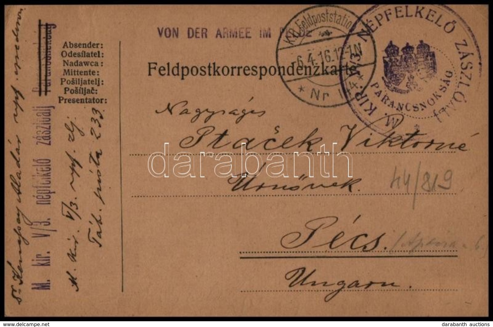 1916 Tábori Posta Levelezőlap 'M. KIR. V/3 NÉPFÖLKELŐ ZÁSZLÓALJ / PARANCSNOKSÁG' , 'K.D. Feldpoststation / Nr 144' - Otros & Sin Clasificación