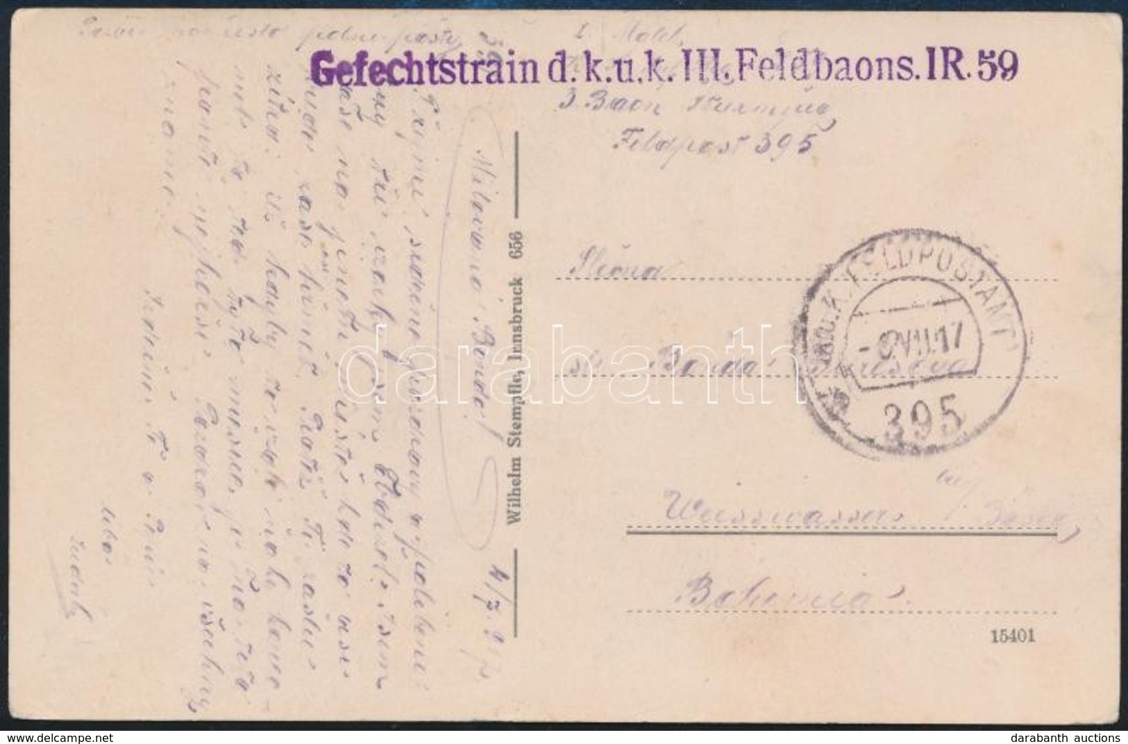 1917 Tábori Posta Lépeslap 'FP 395b' 'Gefechtstrain D. K.u.k. III Feldbaons IR59 - Sonstige & Ohne Zuordnung