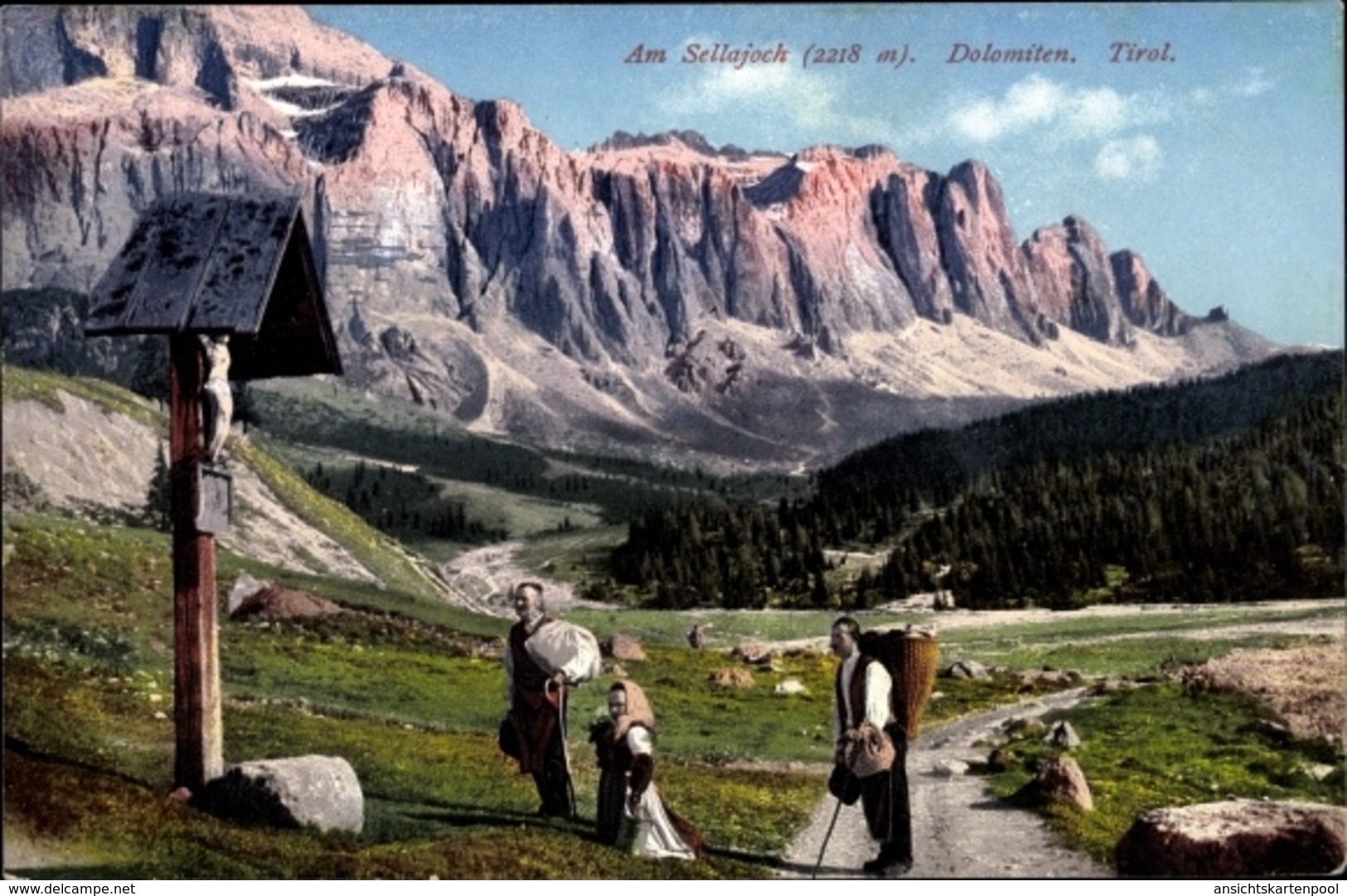 Cp Dolomiten Südtirol, Am Sellajoch, Alpenpanorama, Straße, Kreuz Jesu, Betende Gläubige - Sonstige & Ohne Zuordnung