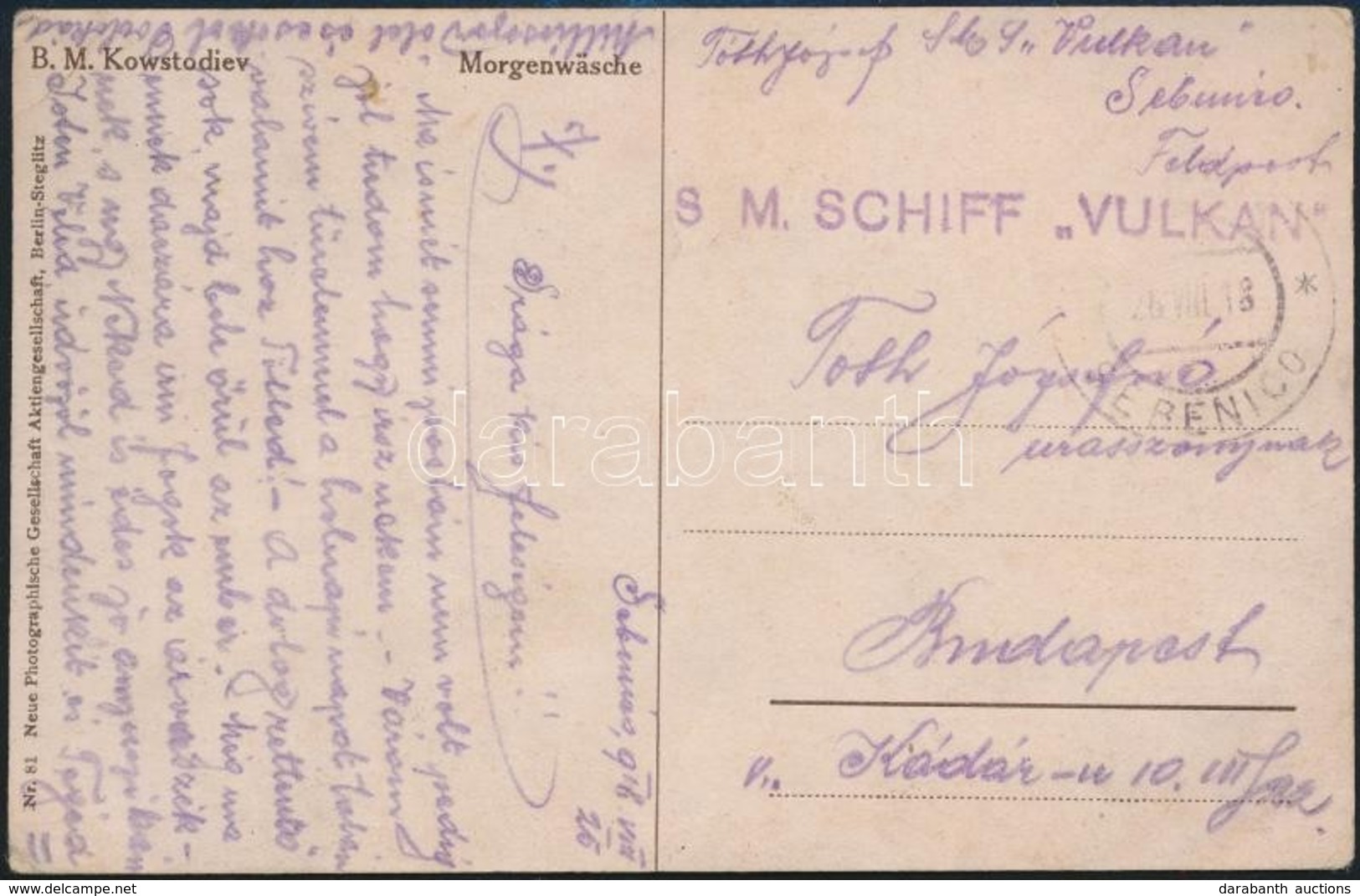 1918 VIII. 25. Tábori Posta Képeslap 'S.M.SCHIFF VULKAN' Ritka és Szép Bélyegzéssel, Hajópostáról Küldve - Sonstige & Ohne Zuordnung