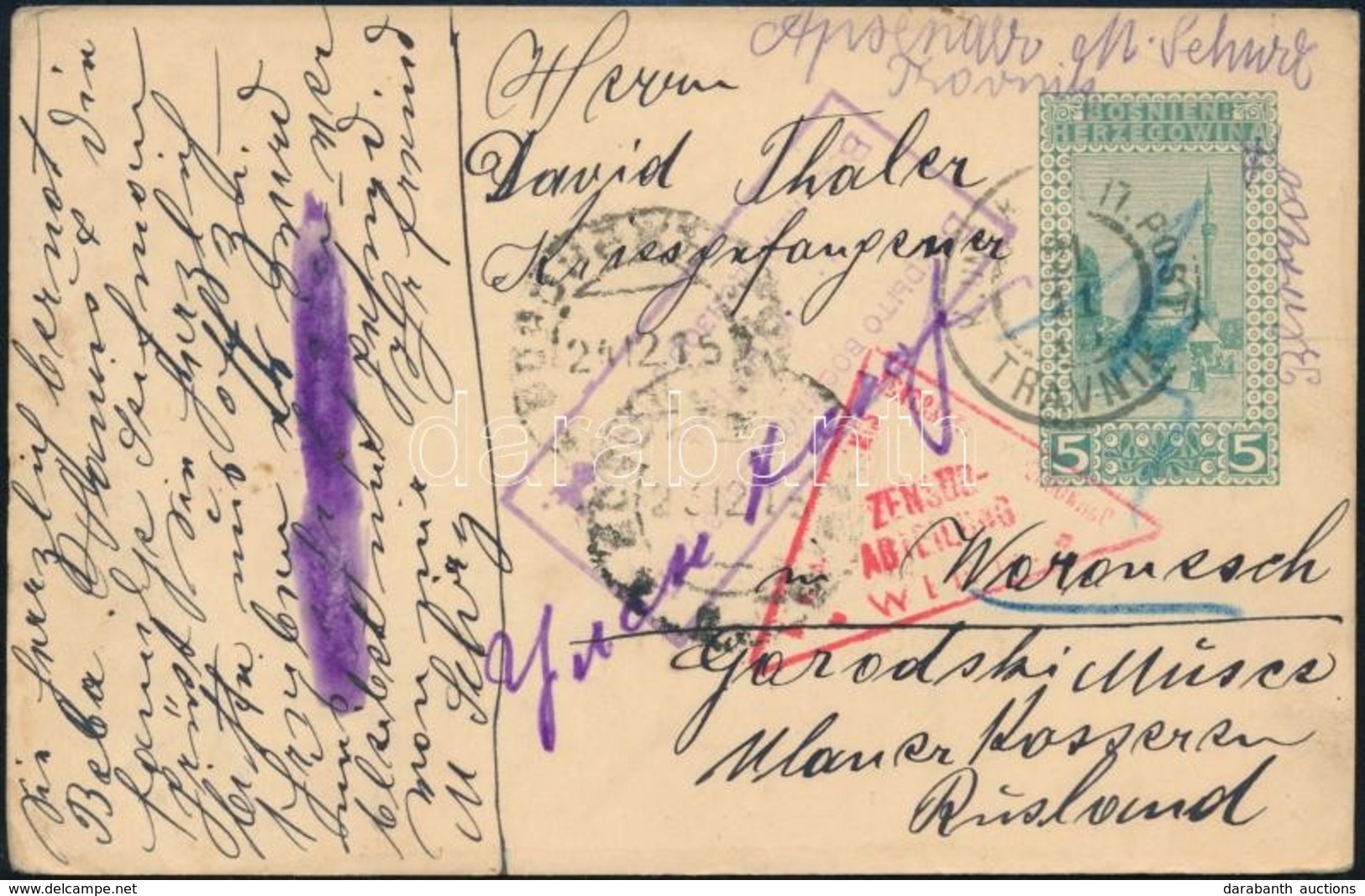 1915 Díjjegyes Levelezőlap Travnikból Hadifogolynak Oroszországba - Sonstige & Ohne Zuordnung