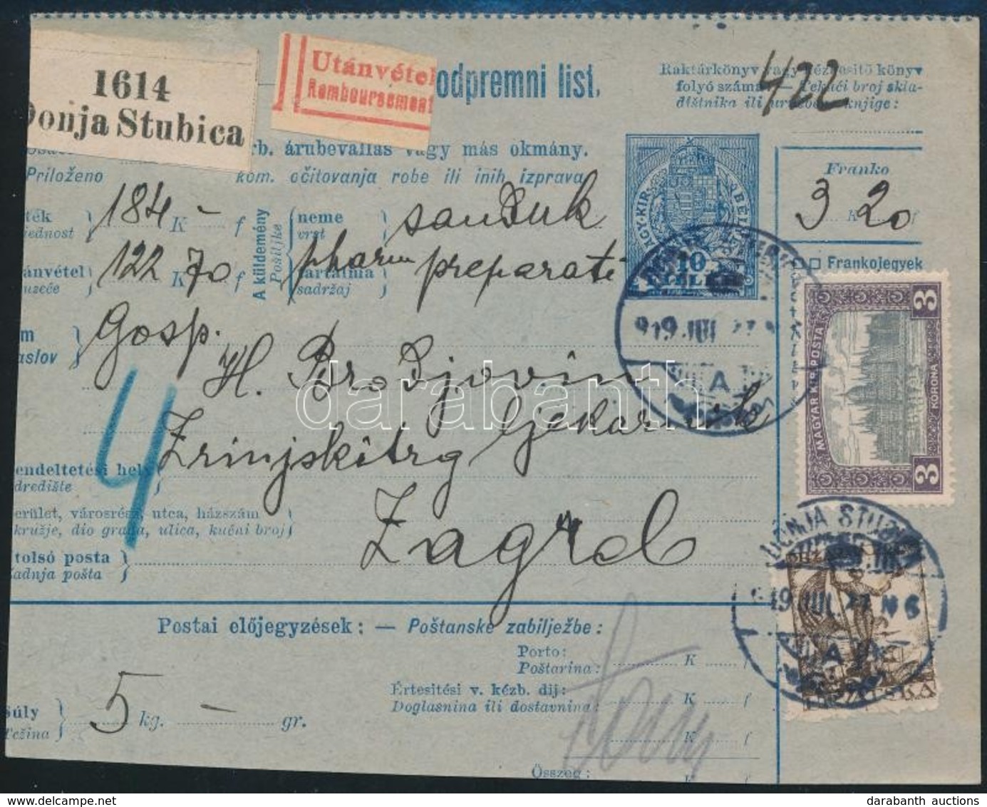 1919 Utánvételes Csomagszállító Vegyes Bérmentesítéssel / COD Parcel Card With Mixed Franking 'DONJA STUBICA' - Sonstige & Ohne Zuordnung