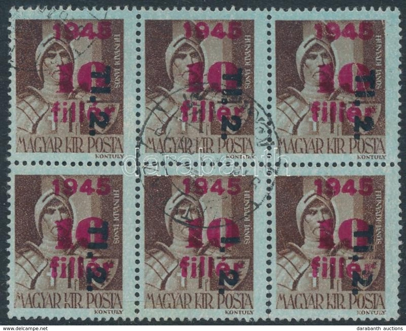 O 1946 Betűs II. TI.2./10f/4f Hatostömb, Benne 'T' Nélküli Tévnyomatos Bélyeg / Mi 866 Block Of 6, One Stamp Missing 'T' - Otros & Sin Clasificación