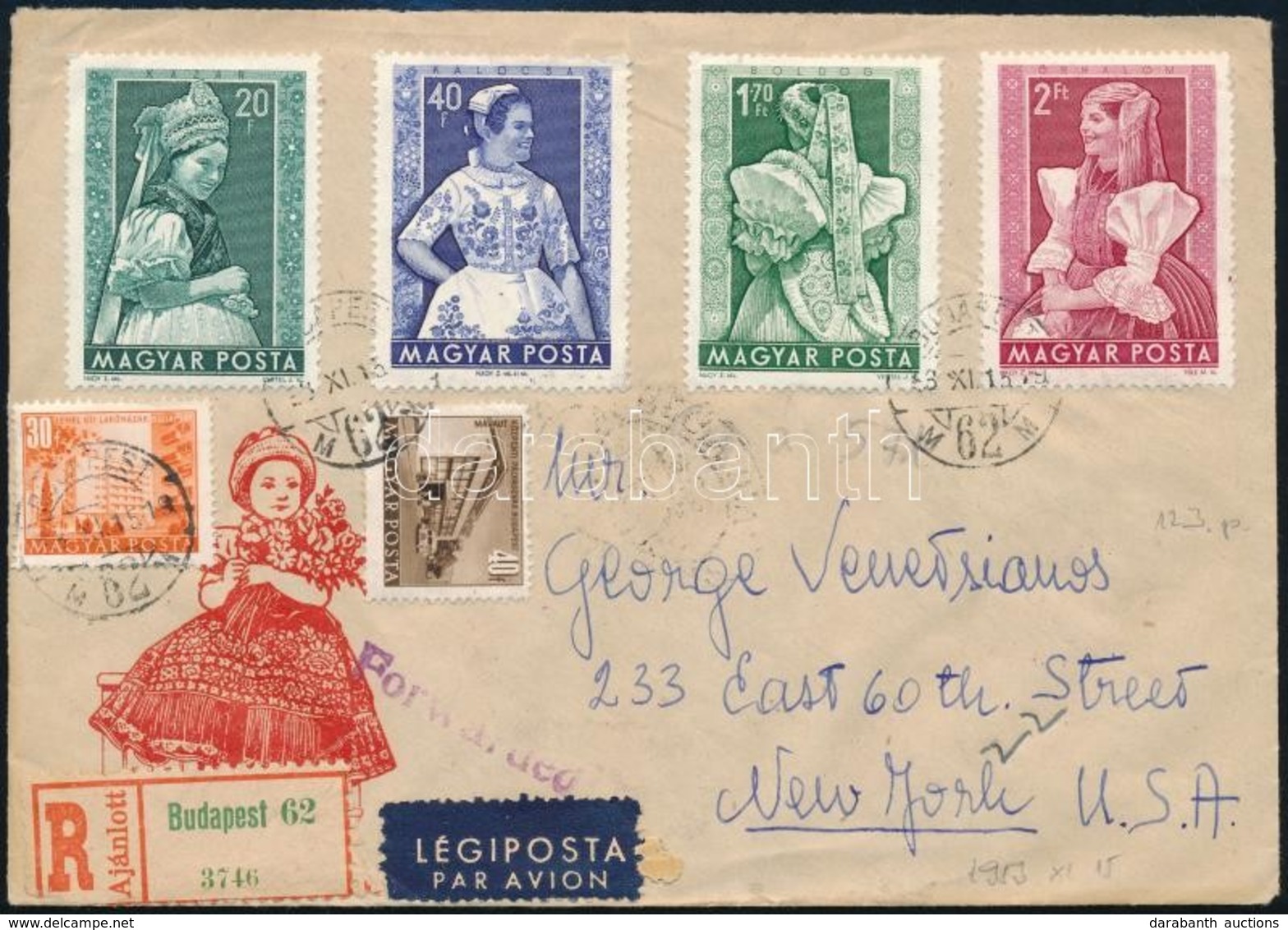 1953 Ajánlott Légi Levél 6 Bélyeges Bérmentesítéssel New Yorkba, érkezési Bélyegzéssel / Registered Airmail Cover With 6 - Sonstige & Ohne Zuordnung