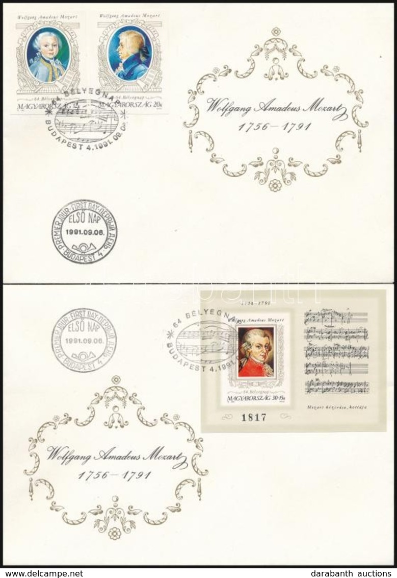 1991 Mozart Vágott Sor és Vágott Blokk 2 FDC-n (19.000) / Mi 4158-4159 Imperforate Set And Mi 216 Imperforate Block On 2 - Autres & Non Classés