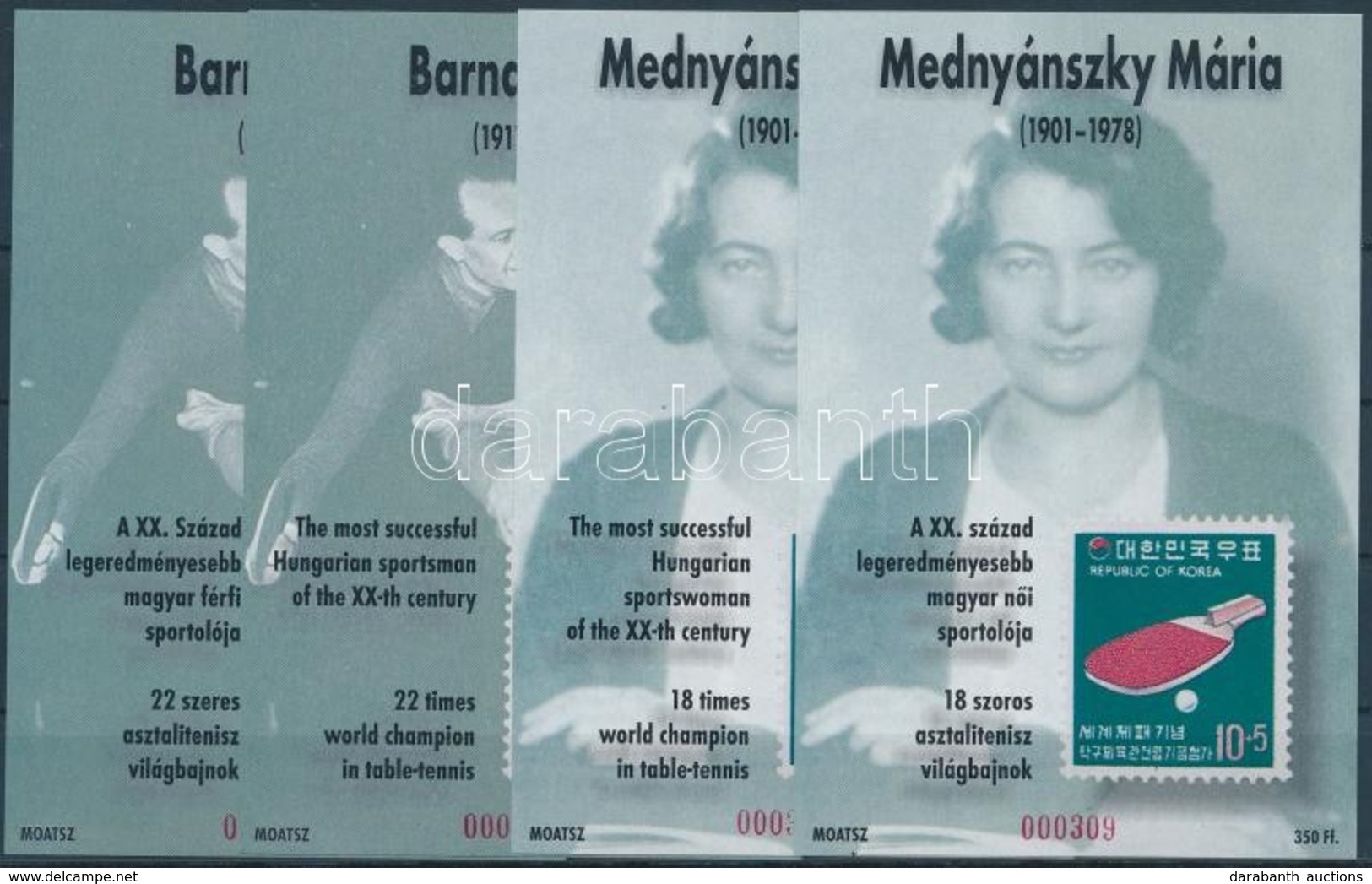 ** 2001/27 Asztalitenisz- XX. Század Legeredményesebb Magyar Női és Férfi Sportolója 4 Db-os Emlékív Garnitúra Azonos So - Sonstige & Ohne Zuordnung