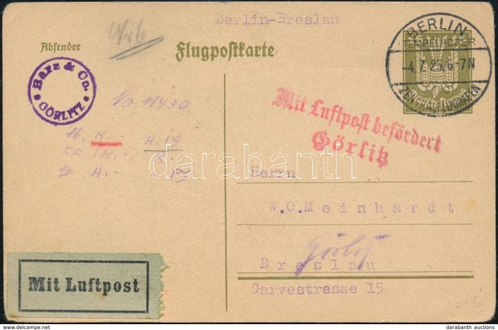 1925 Alkalmi Légi Posta Levelezőlap 'BERLIN' - Breslau - Sonstige & Ohne Zuordnung