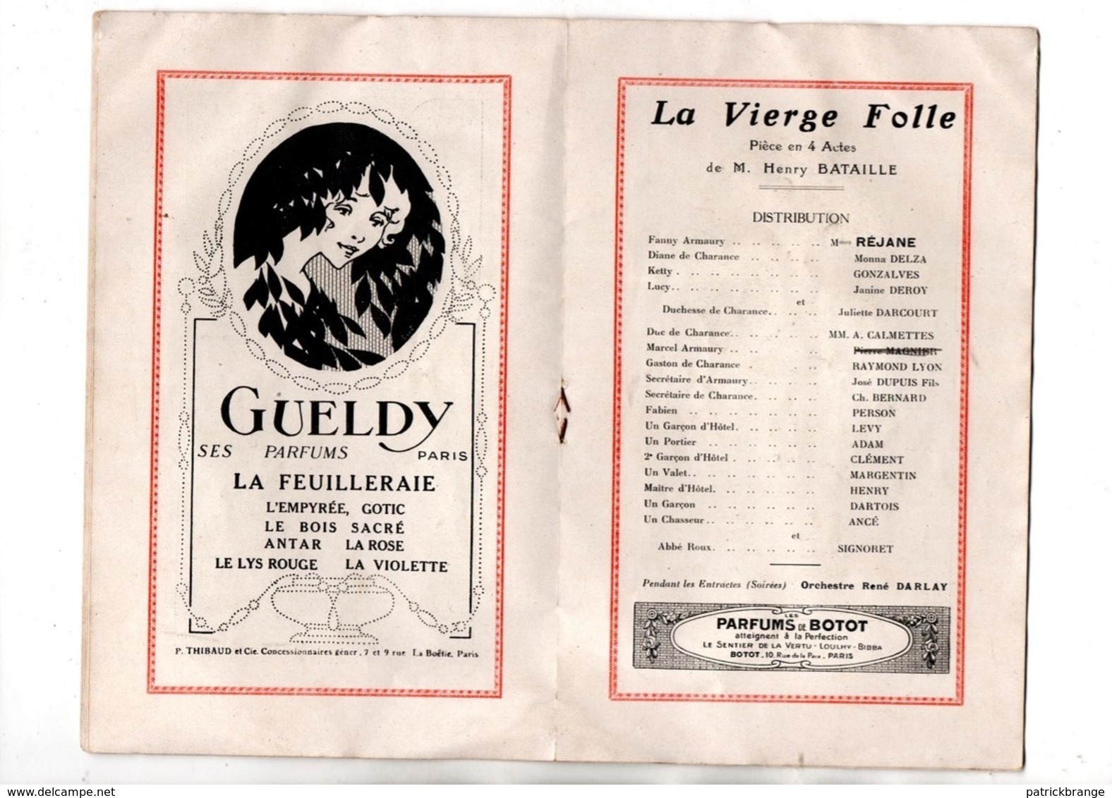 PROGRAMME. THÉÂTRE DE PARIS . " LA VIERGE FOLLE " . RÉJANE, D, DELZA, GONZALVES, J; DEROY - Réf. N° 73P - - Programmes