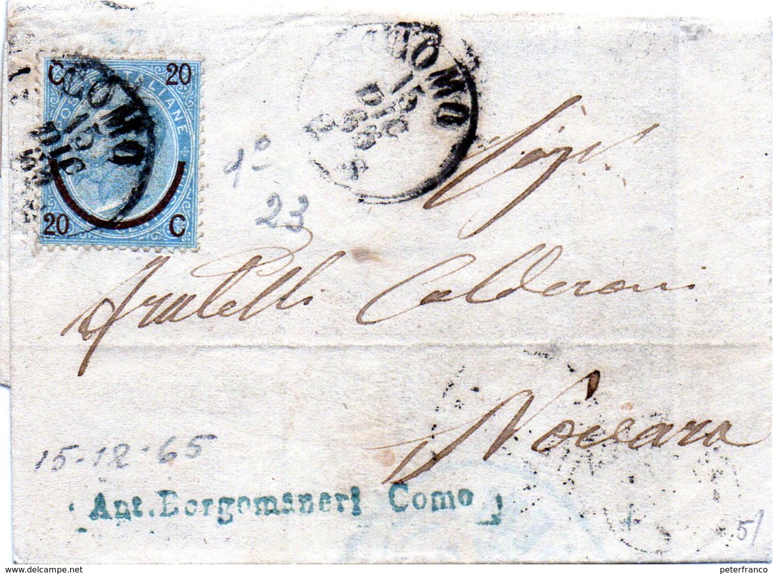 CG4 - Italia - Lettera Da Como Del 15/12/1865 Per Novara - Franc. Da 20 Cent. Su 15 Cent. I° Tipo - Other & Unclassified