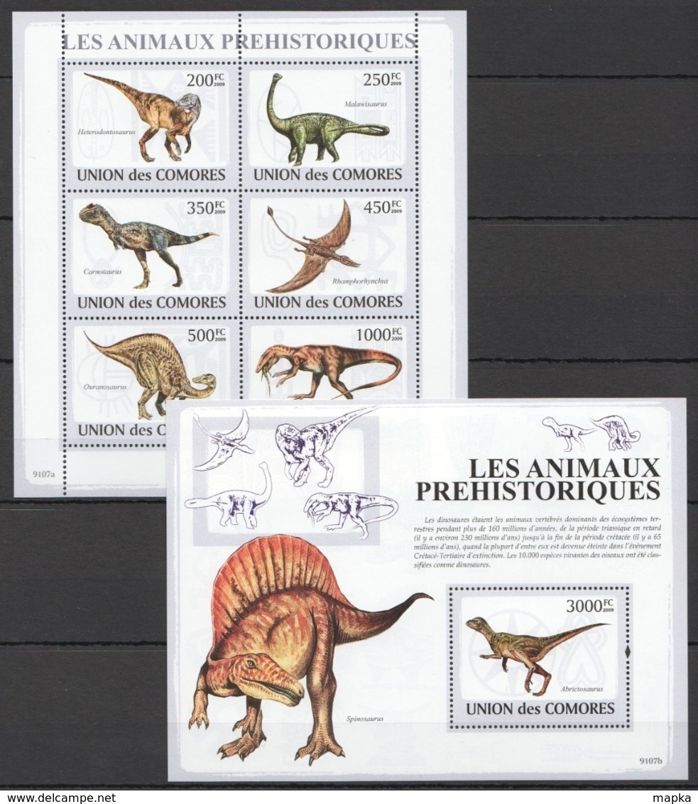 UC054 2009 UNION DES COMORES LES ANIMAUX PREHISTORIQUES DINOSAURS 1KB+1BL MNH - Prehistorics