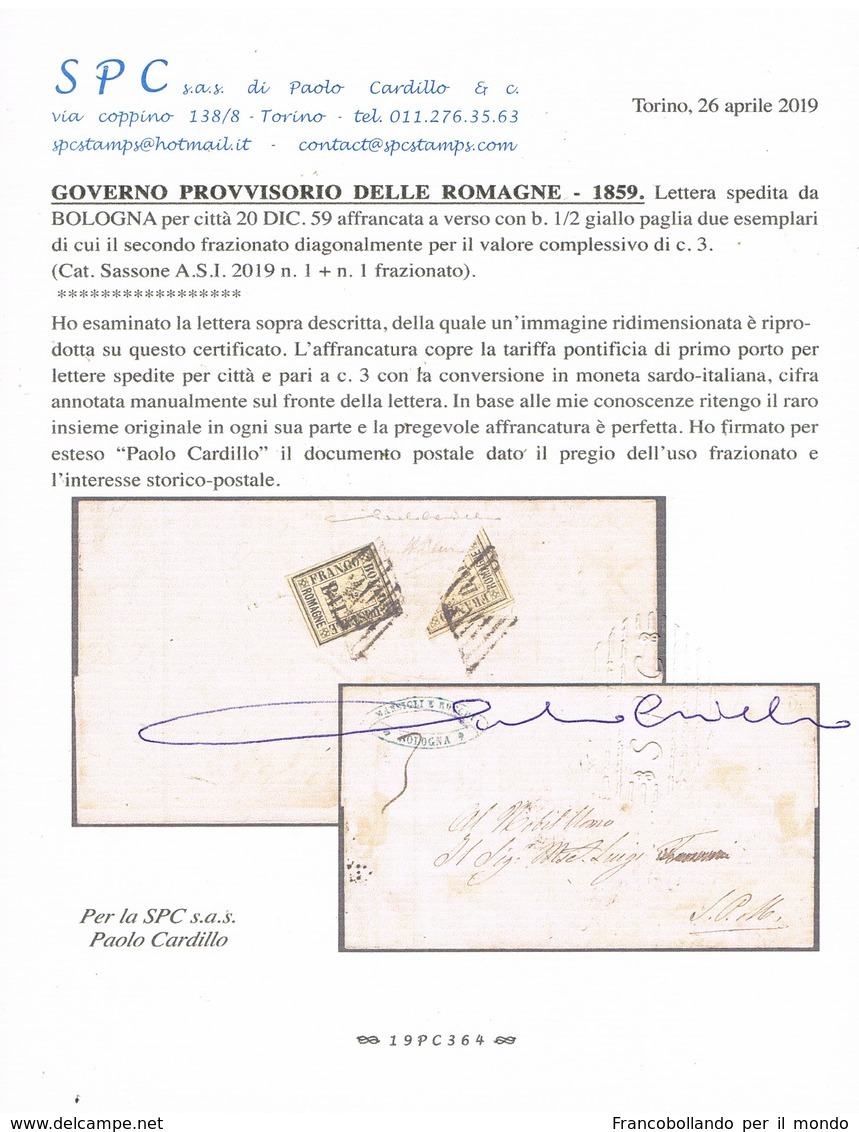 ANTICHI STATI ROMAGNE 1/2 BAI + FRAZIONATO 1/2 BAI SU LETTERA  CERTIFICATO BOTTACCHI MOLTO RARA - Romagne