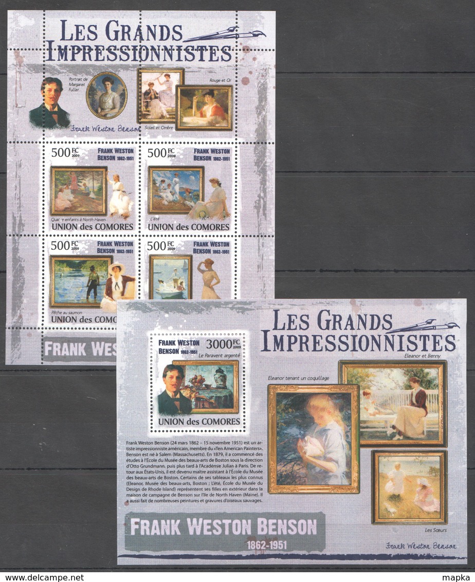 UC309 2009 UNION DES COMORES ART FRANK WESTON BENSON 1KB+1BL MNH - Impressionisme