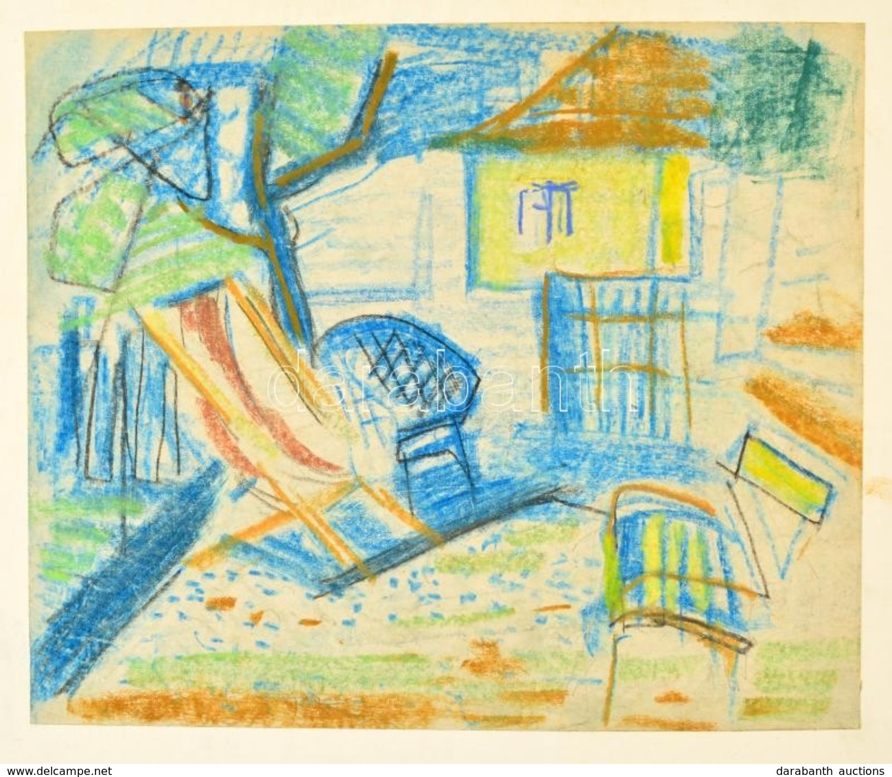 Deli Antal (1886-1960): Terasz. Pasztell-szén, Papír, Jelzés Nélkül, 19×24 Cm - Sonstige & Ohne Zuordnung